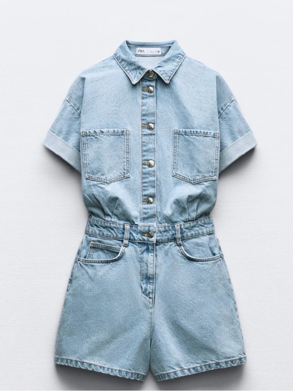 Zara Light Blue Denim Short Sleeve Jumpsuit Romper